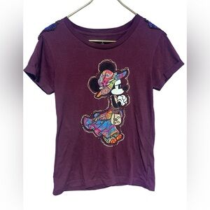 Disney Parks Womens Minnie Mouse Tee Top Burgundy  Small Embellished Boho